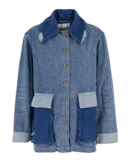 Ganni Blue Denim Midi Jacket Patchwork