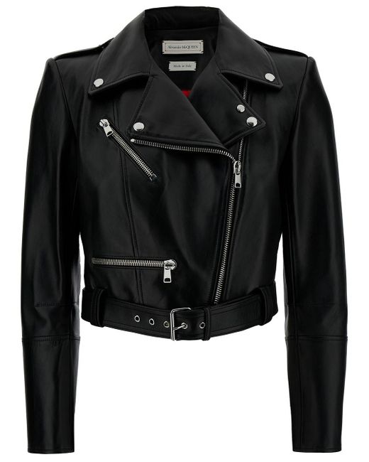 Alexander McQueen Black Cropped Biker Jacker With Matching Belt In Smooth Leather