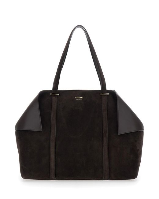 Ferragamo Black Tote Bag With Folded Angles And Embossed Logo Lettering On The Front