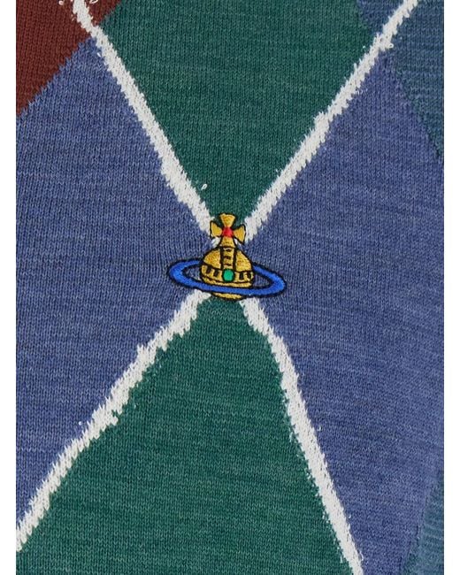 Vivienne Westwood Blue Crew Neck Vest With Argyle Motif Logo On for men