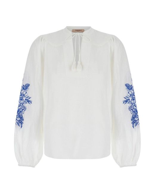 Twin Set White Blouse With Drawstring And Floreal Embroideries