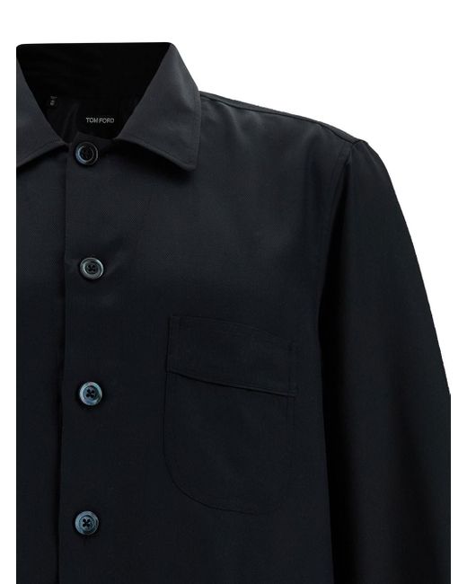 Tom Ford Blue Black Shirt With Patch Pockets In Silk Man for men