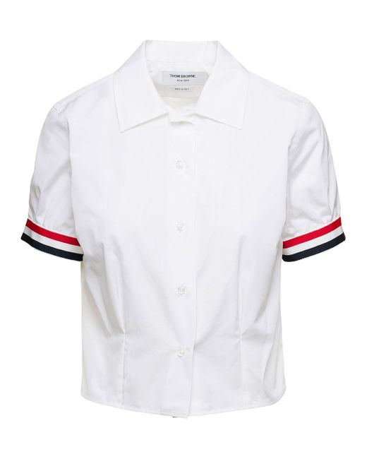 Thom Browne White Cropped Shirt With Short Sleeves And Striped Trim In Cotton