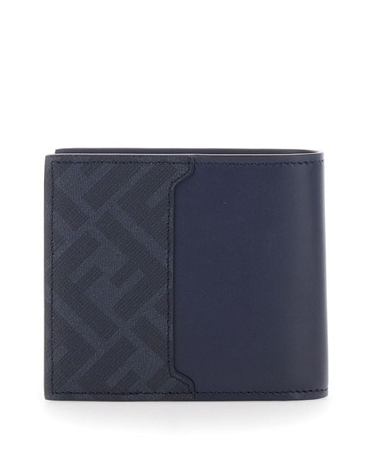 Fendi Blue Bi-Fold Wallet With Ff Plate On The Front for men