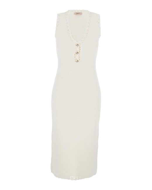 Twinset White Long Dress 'Long Dress' With V-Neck And Long Sleeves In