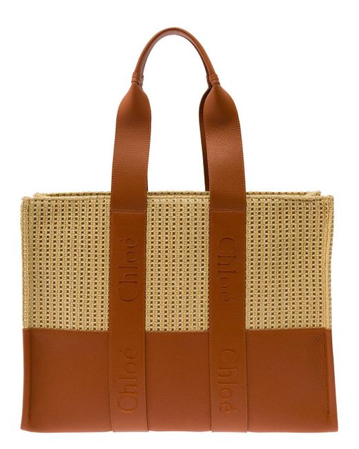 Chloé Brown 'Woody Large' Tote Bag With Logo Embroidery