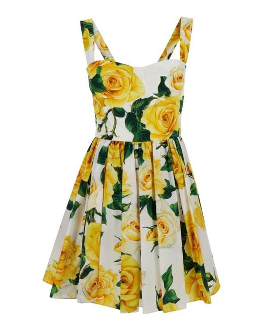 Dolce & Gabbana Yellow All-Over Rose Print Short Dress