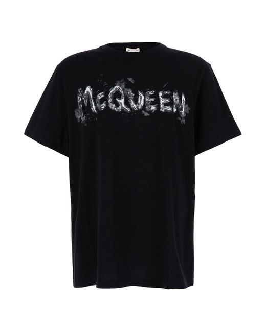 Alexander McQueen Black T-Shirt With Graffiti Logo Print for men