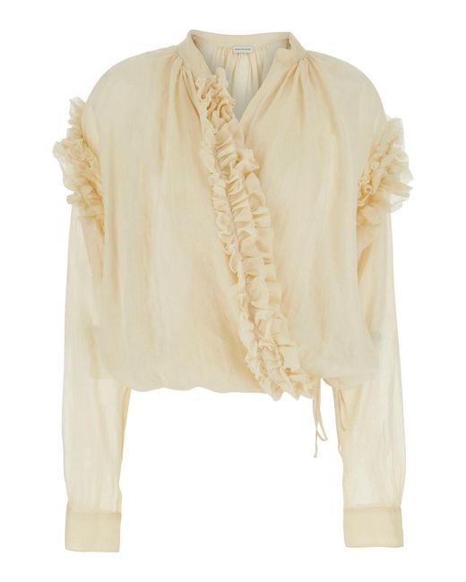Dries Van Noten Natural Cenver' Silk Blouse With V-Neck And Long Sleeves