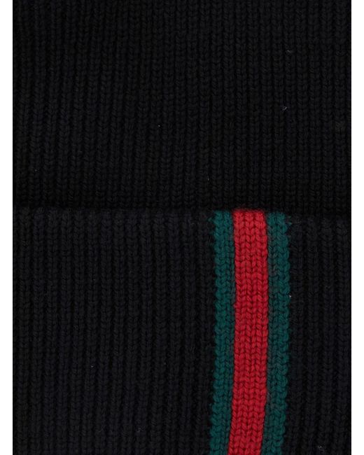 Gucci Black Ribbed Knit Beanie With Web Detail On The Front for men
