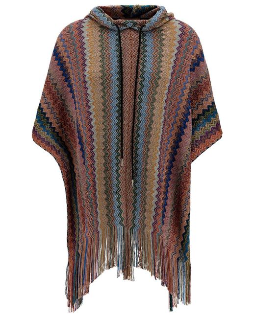 Poncho con cappuccio e motivo zigzag in misto viscosa di Missoni in Multicolor