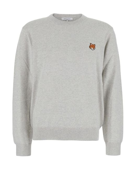 Maison Kitsuné Gray Crew Neck Sweater With Fox Patch for men