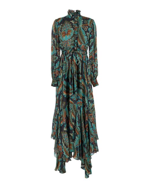 Etro Green Long Dress With Self-Tie Belt And All-Over Floral Print