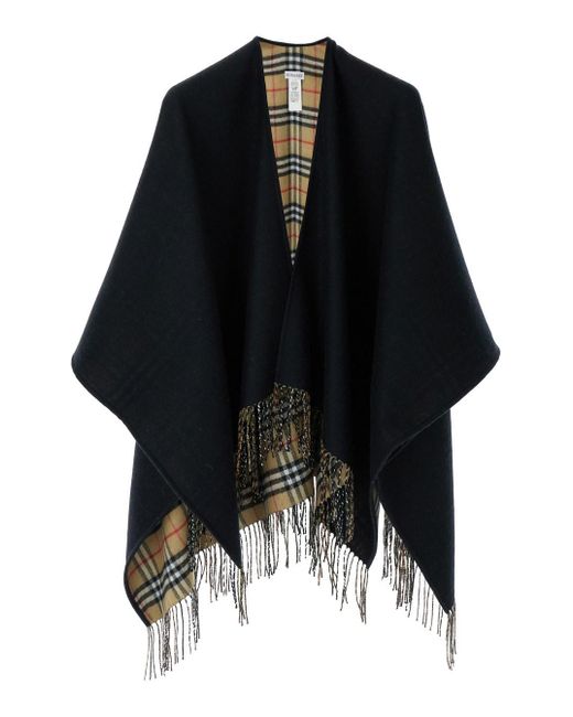 Burberry Black And Cape With Check Motif And Fringed Hem