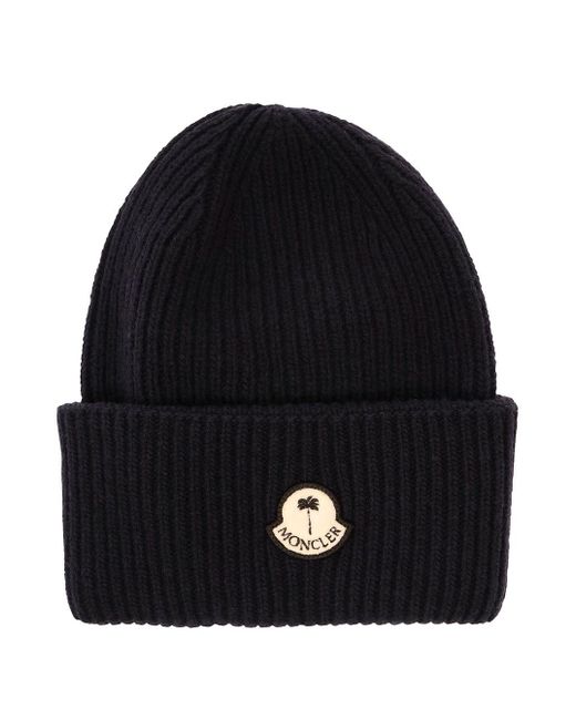 Moncler Genius Black Beanie With Moncler X Palm Angels Patch In Ribbed Cotton