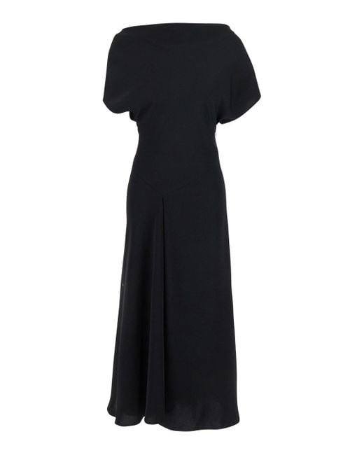 Plain Black Long Dress With Square Neckline And Short Sleeves