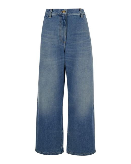 Palm Angels Blue Light High-Waisted Wide Jeans With Logo