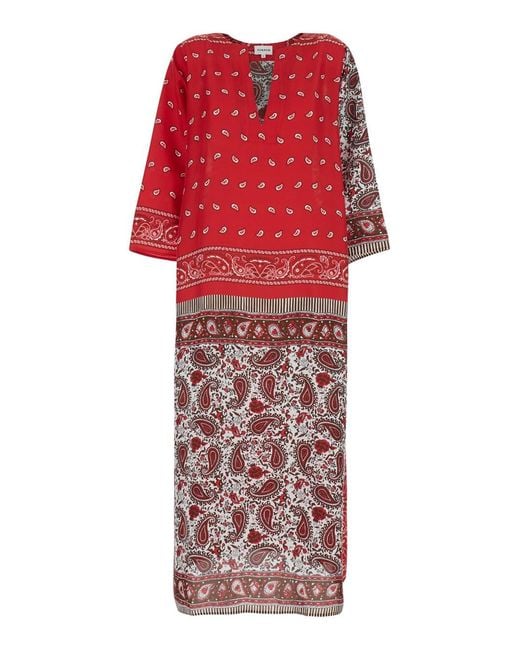 P.A.R.O.S.H. Red Silk Caftan With V-Neck And All-Over Bandana Motif Fo