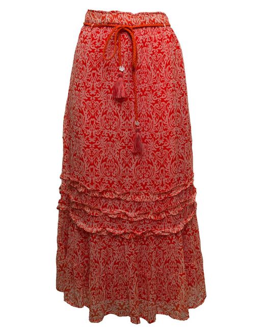 MOLIIN Copenhagen Red Molin Woman's Hillery Viscosa Printed Long Skirt With Belt