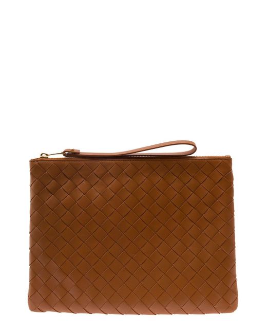Bottega Veneta Brown Pouch With Wrist Strap In Intreccio Leather
