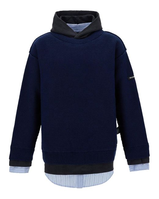 Balenciaga Blue Oversized Multi-Layered Pullover With Logo And Hood In for men