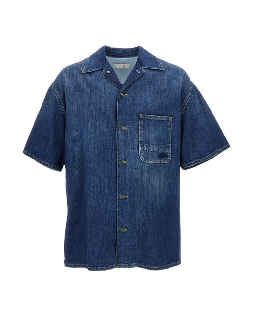 Alexander McQueen Blue Denim Effect Short Sleeve Shirt for men