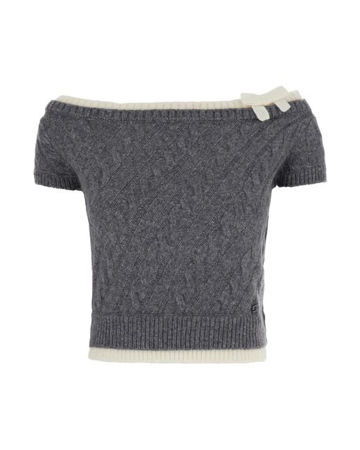 ShuShu/Tong Gray Bow Off-Shoulder Knit Crop Top With Puff Sleeves