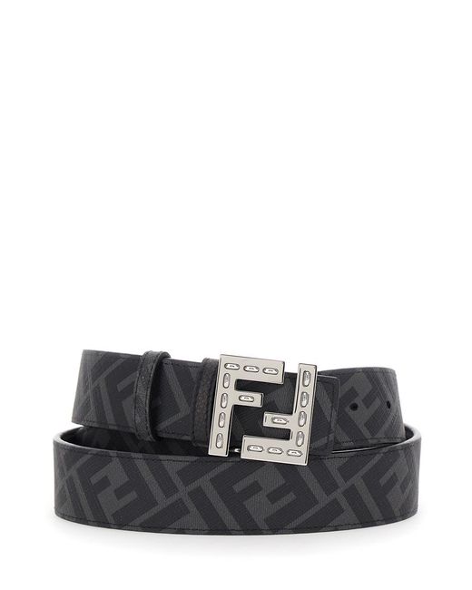 Fendi Black Belt With Metallic Ff Logo Plate On The Front And Ff Interior Motif for men