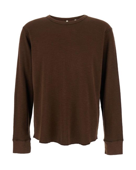 sunflower Brown Crewneck T-Shirt With Long Sleeves And Fringed Hem In for men