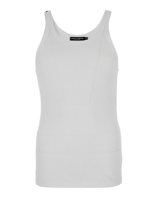 Dolce & Gabbana White Ribbed Tank Top With Logo Label for men