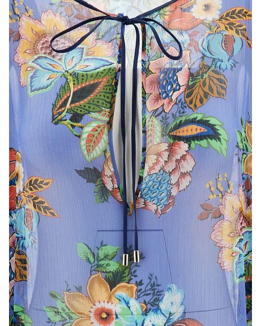Etro Blue Long Kaftan With Bouquet-Inspired Print
