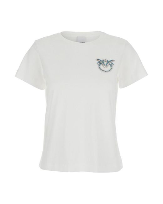 Pinko White 'Nambrone' Crewneck T-Shirt With Love Birds Diamond Cut Logo On The Chest