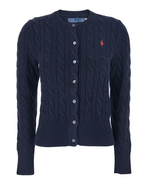 Polo Ralph Lauren Blue Cable Knit Crewneck Cardigan With Pony Embroidery On The Front