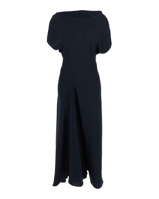 Plain Blue Long Dress With Square Neckline And Short Sleeves