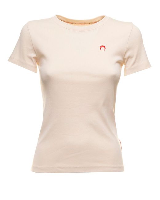 MARINE SERRE Natural T-shirt With Logo Embroidery In Cotton Woman