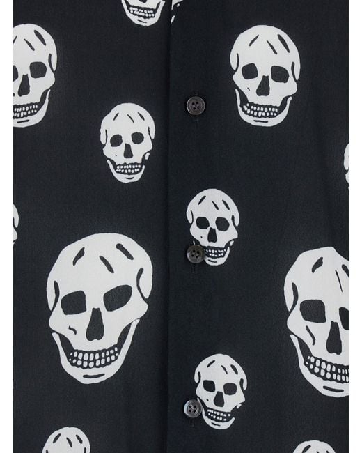 McQueen Blue Shirt With All-Over Skull Print And Pointed Collar for men