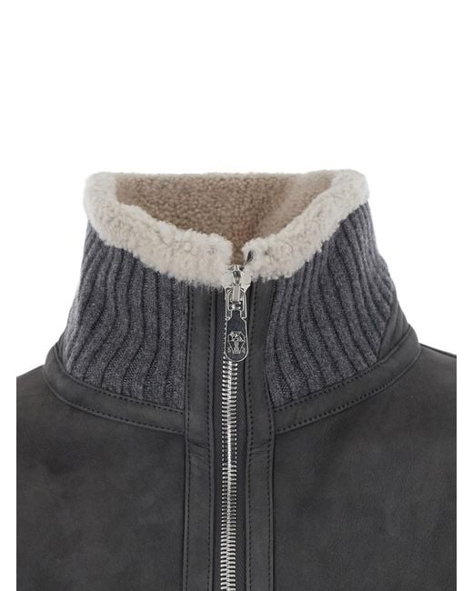 Brunello Cucinelli Gray Jacket With High Collar And Fur Lining for men
