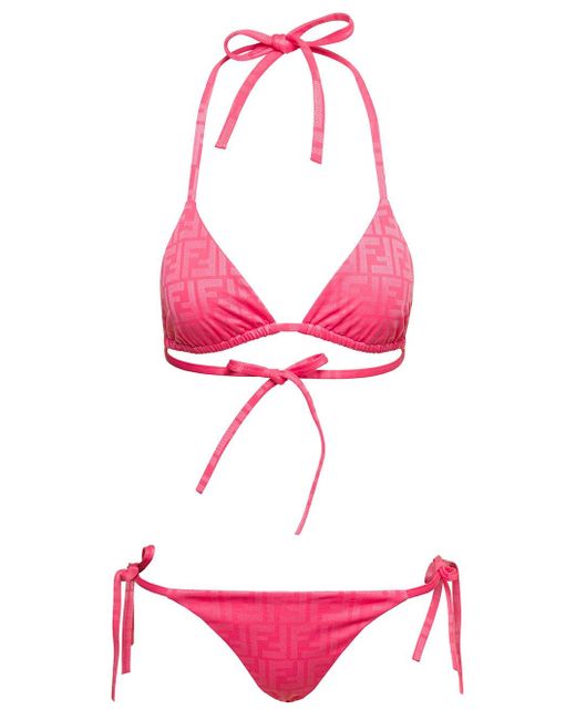 Fendi Pink Bikini With Triangle Top And All-over Ff Motif In Stretch Fabric