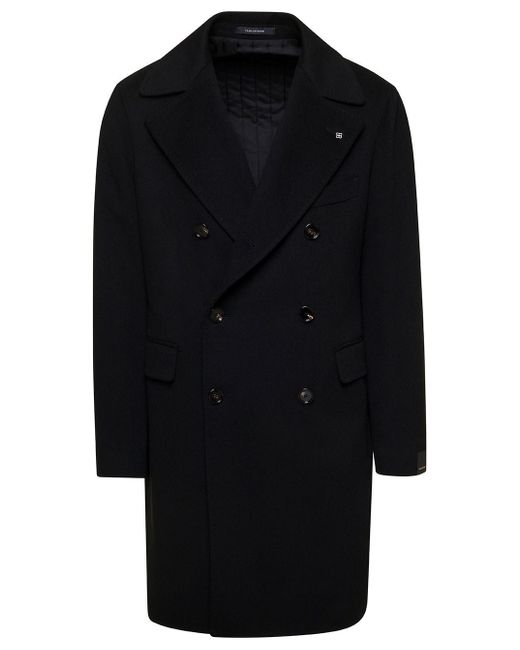 Tagliatore Black Double-breasted Coat With Logo Pin In Cashmere Man for men