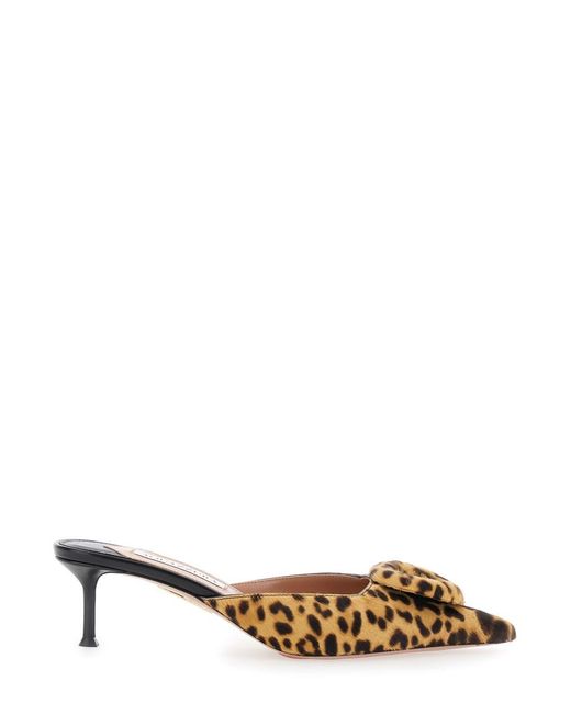 Aquazzura Natural Mules With Bow And Leopard Motif