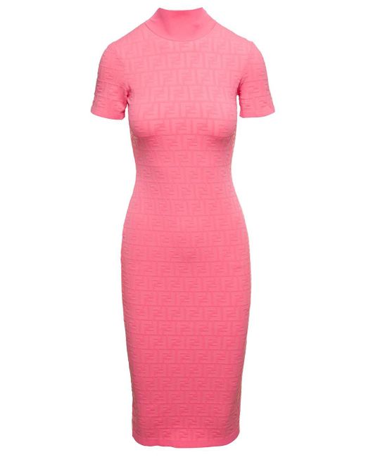 Fendi Pink Midi Dress With All-over Ff Jacquard Motif In Viscosa Blend Woman