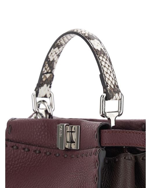 Fendi Purple 'Peekaboo' Bordeaux Handbag With Snakeskin Handle And Turn-Lock Closure On Both Sides