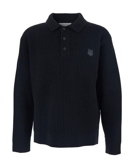 Maison Kitsuné Blue Ribbed Sweater With Logo Patch for men
