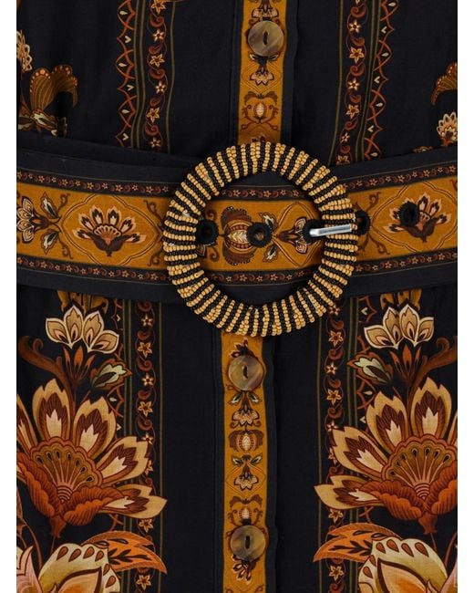 Farm Rio Black 'Majestic Garden' Crewneck Mini Dress With All-Over Floral Motif And Front Belt