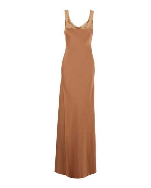 Forte_forte Brown Long Dress With Fixed Straps And Lace Detail On Strap