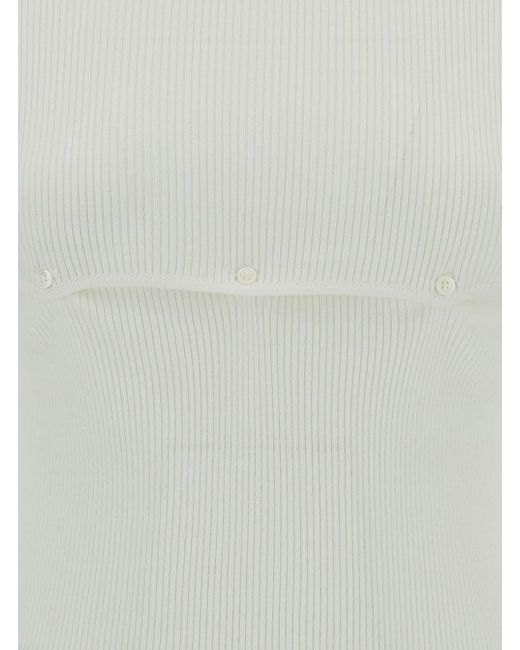 Low Classic White Ribbed Top With Boat Neckline And Buttons
