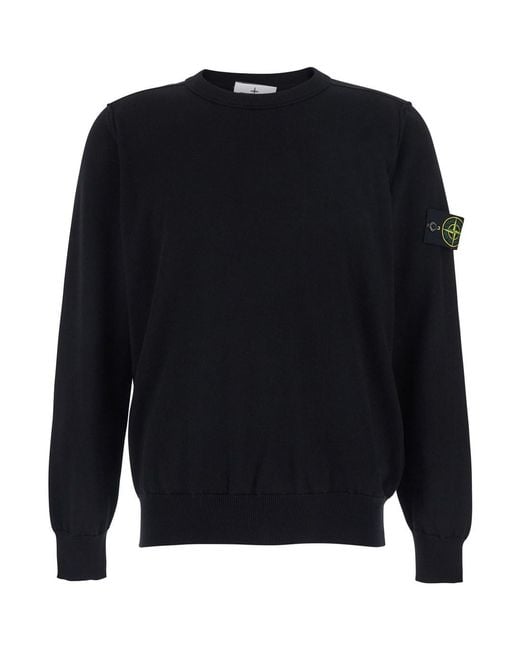 Stone Island Blue Crewneck Long-Sleeve T-Shirt With Logo Patch On The Sleeve for men