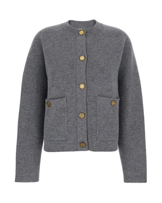 Totême Gray Crewneck Cardigan With Jewel Buttons And Two Front Patch P