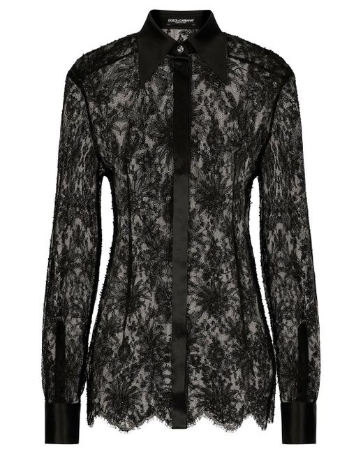 Camicia slim con dettagli in raso in pizzo chantilly di Dolce & Gabbana in Black