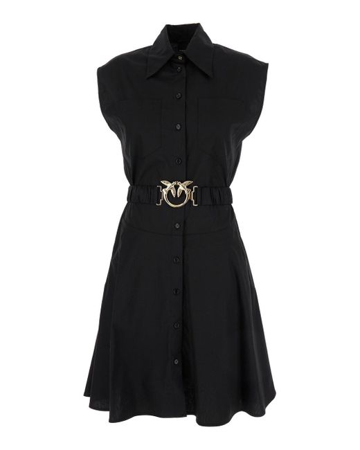 Pinko Black Popeline Mini-Dress With Love-Bird Belt